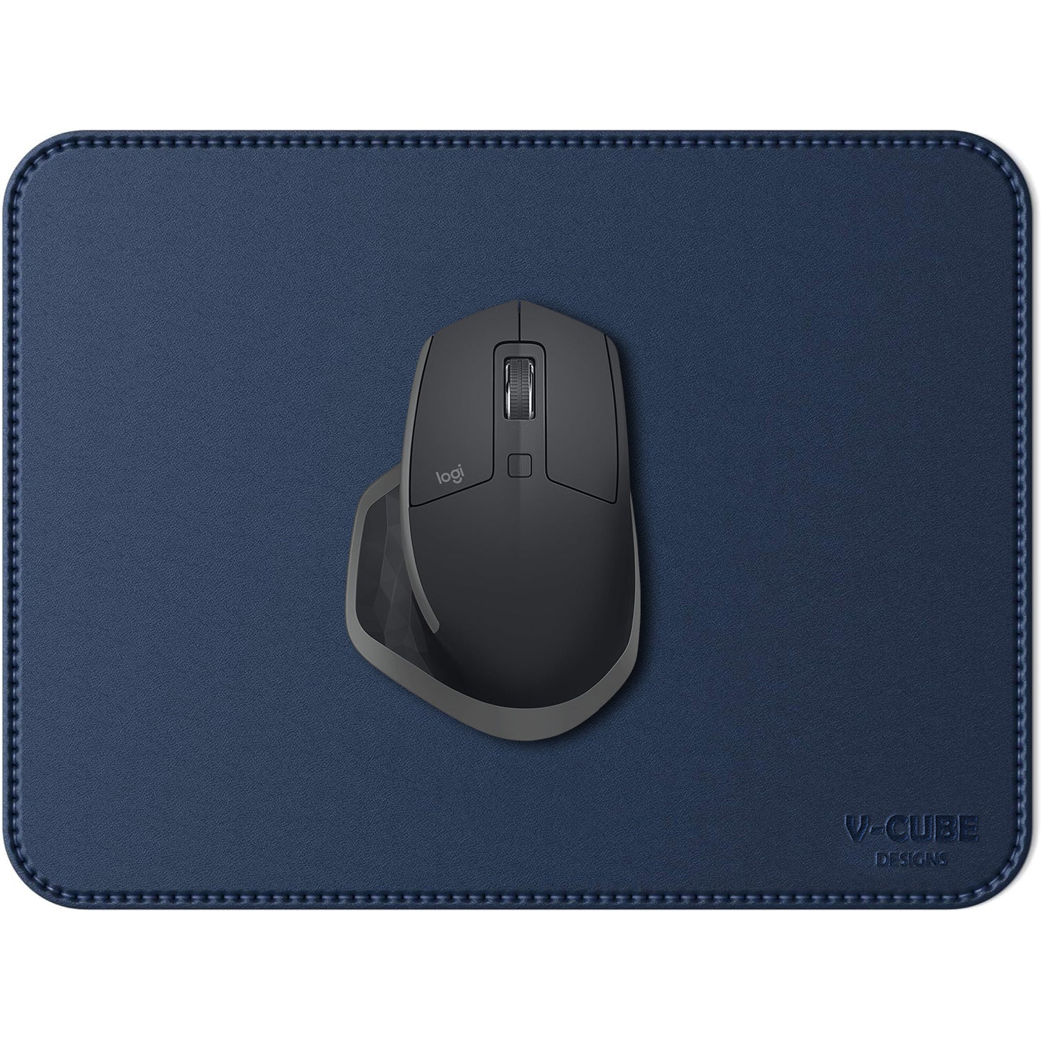 A premium vegan leather desk mouse pad blue color with smooth texture and stitched edges.